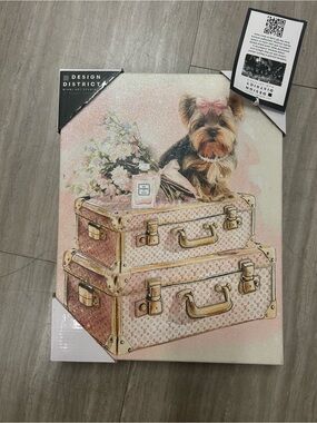 NWT District Pink Puppy on Vintage Luggage Wall Art